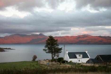 Skye White House - view from bedroom window over the red Skye and autumn dusk across the Sound of Sleat - luxury holiday cottage with cosy woodburner perfect for honeymoons and anniversaries